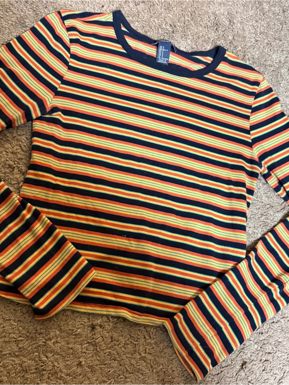 Women’s Small Long Sleeve Striped Top - Navy, Yellow, Orange Forever 21